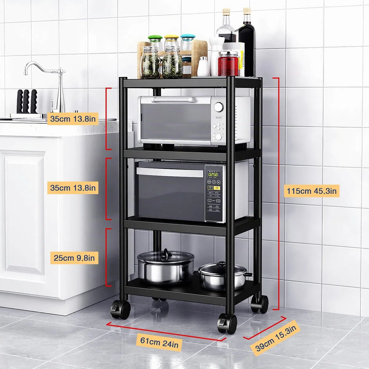 WPT Estante de Almacenamiento de Cocina Baker's Rack utilitario para microondas con Ruedas, Organizador Ajustable de 4 Niveles, Acero Inoxidable