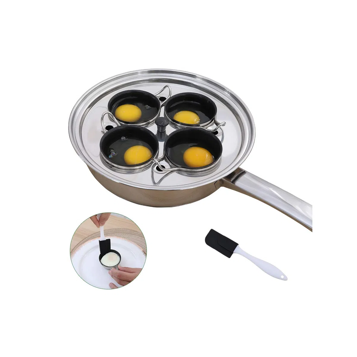 Egg Poacher Pan - Stainless Steel Poached Egg Cooker –Induction Cooktop Egg Poachers Cookware Set with 4 Nonstick Large Silicone Egg Poacher Cups and Spatula