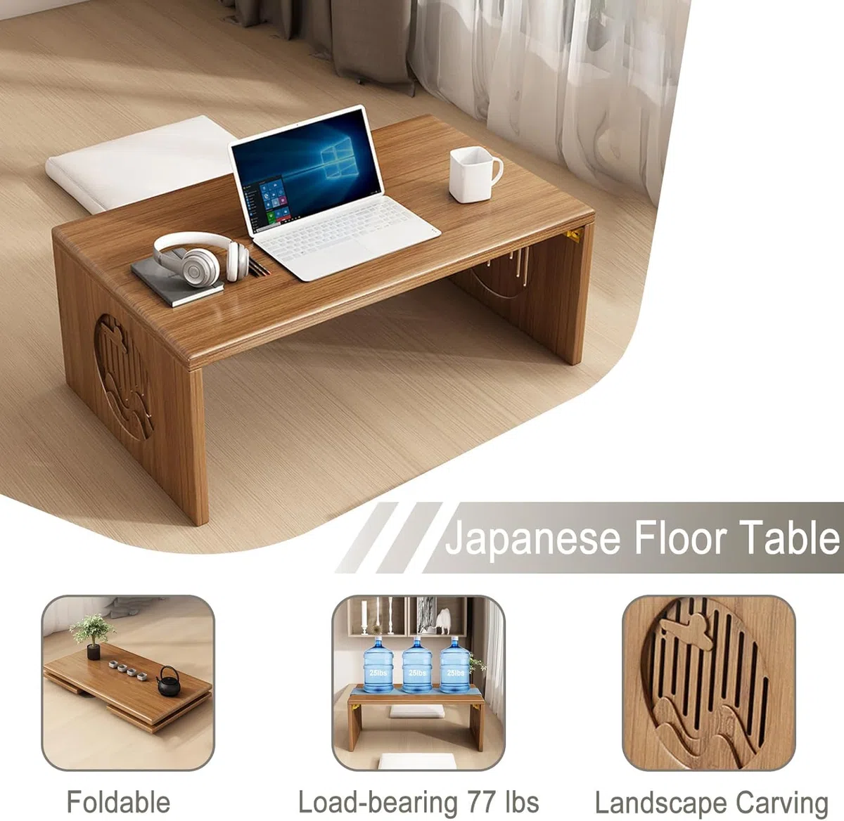 Mesa plegable japonesa, mesa de meditación de bambú para sentarse en el suelo, mesa de té portátil para sala de estar, comedor, decoración del hogar