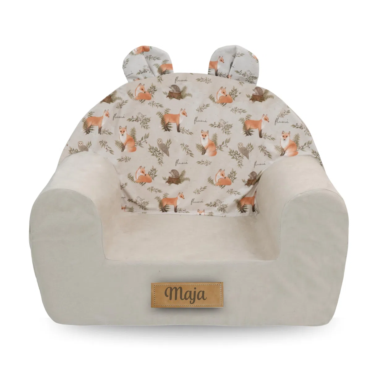 Flumi Sillón Infantil Personalizado para Niños y Bebés - Asiento para Sala de Juegos con Nombre Grabado (Gris Claro + Lino)