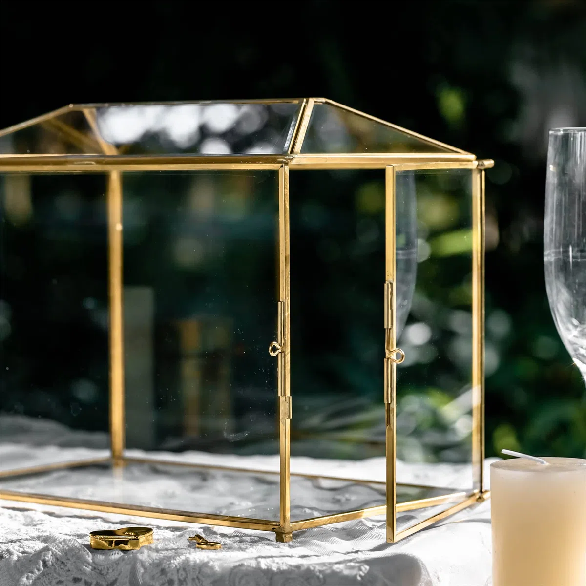 NCYP 26cm Oro Caja de tarjetas de boda con ranura y cerradura, geométrico hecho a mano para recepción de boda, centro de recuerdos (solo caja de vidrio y cerradura)