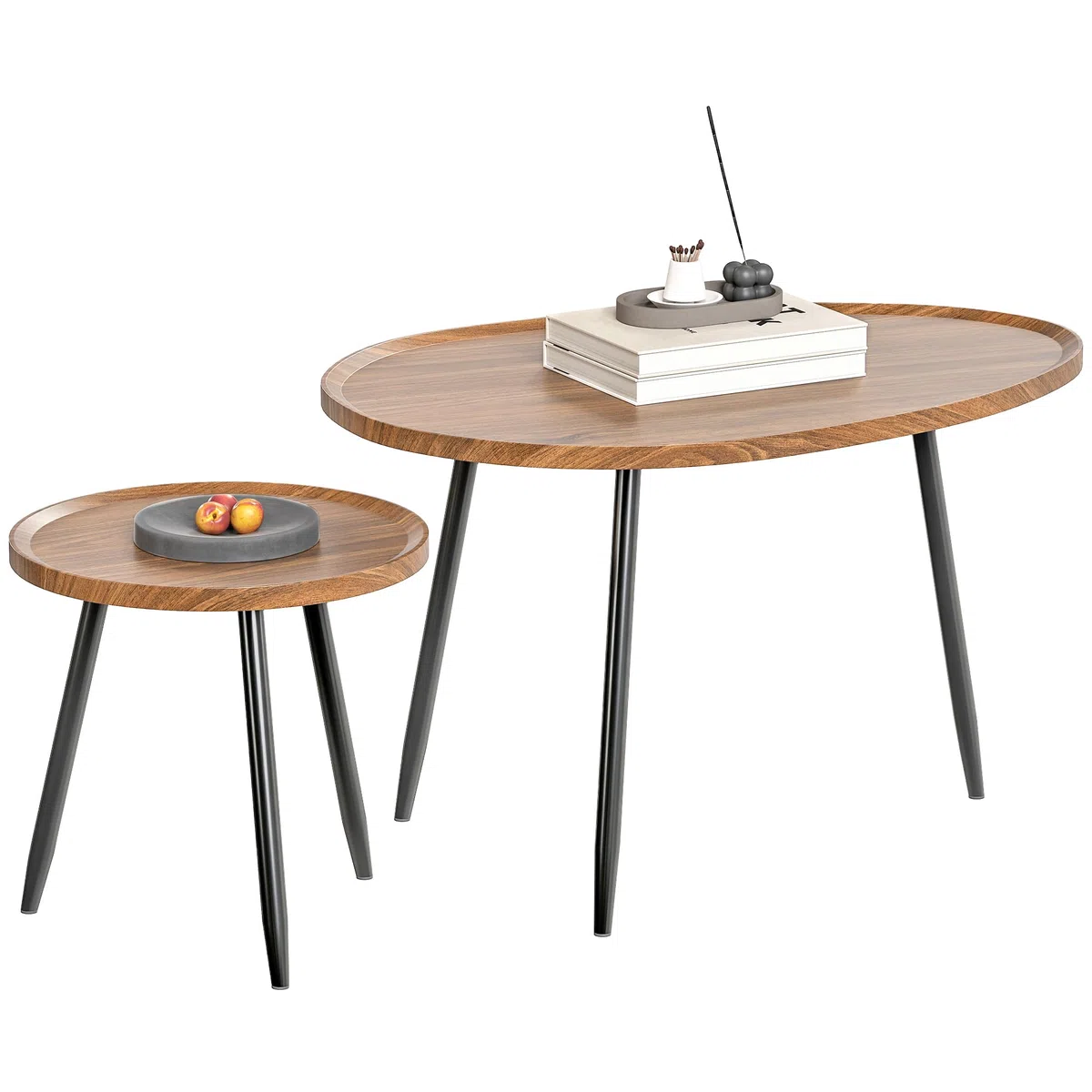 HOMCOM Juego de 2 Mesas Auxiliares Apilables Mesas Nido Mesitas de Café Estilo Moderno con Marco de Metal para Salón Dormitorio Oficina 80x55x49 cm y Ø40x39 cm Efecto Madera y Negro