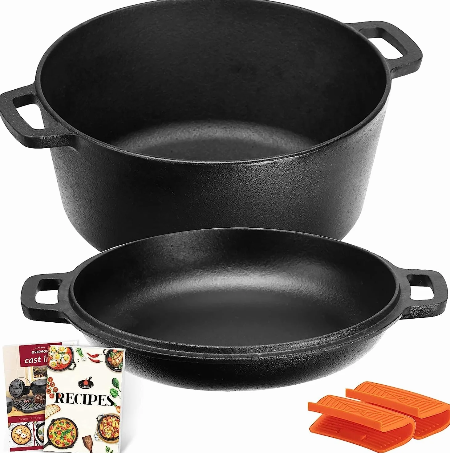Overmont Olla Holandesa 4.73 L/ 5 Quart Cacerola de Hierro Fundido Tapa de Doble Función Sartén Plancha Pre Sazonado con Cubiertas de Manijas para Camping Cocina Casera Barbacoa Hornear
