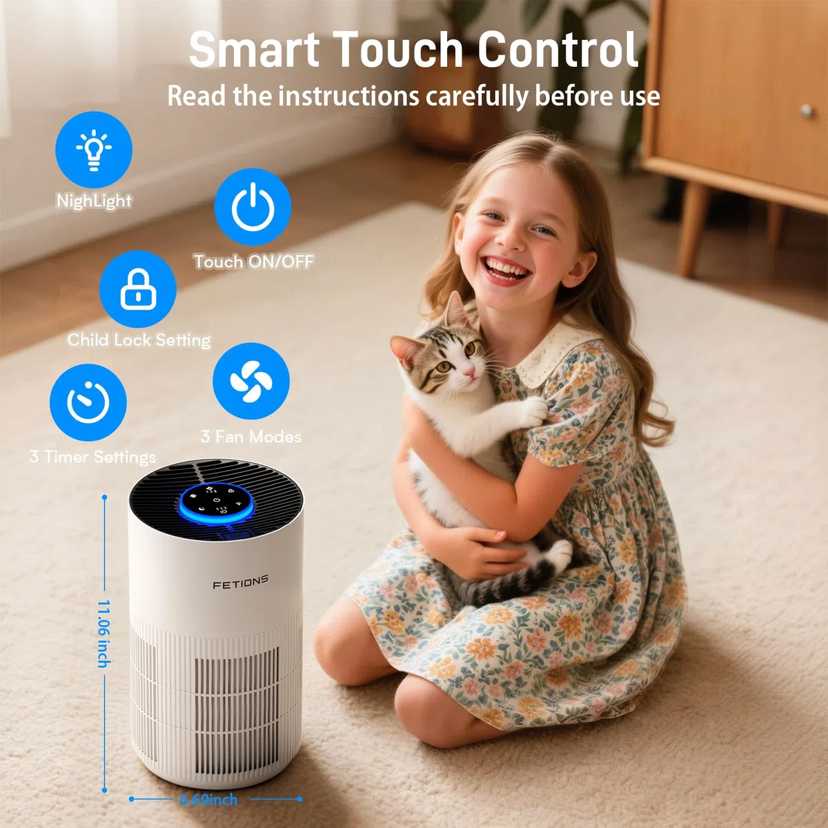 Purificadores de aire para el hogar de hasta 300 pies cuadrados, purificadores de aire pequeños para dormitorio, purificador de aire HEPA H14 con modo de espera, 3 velocidades, temporizador, función