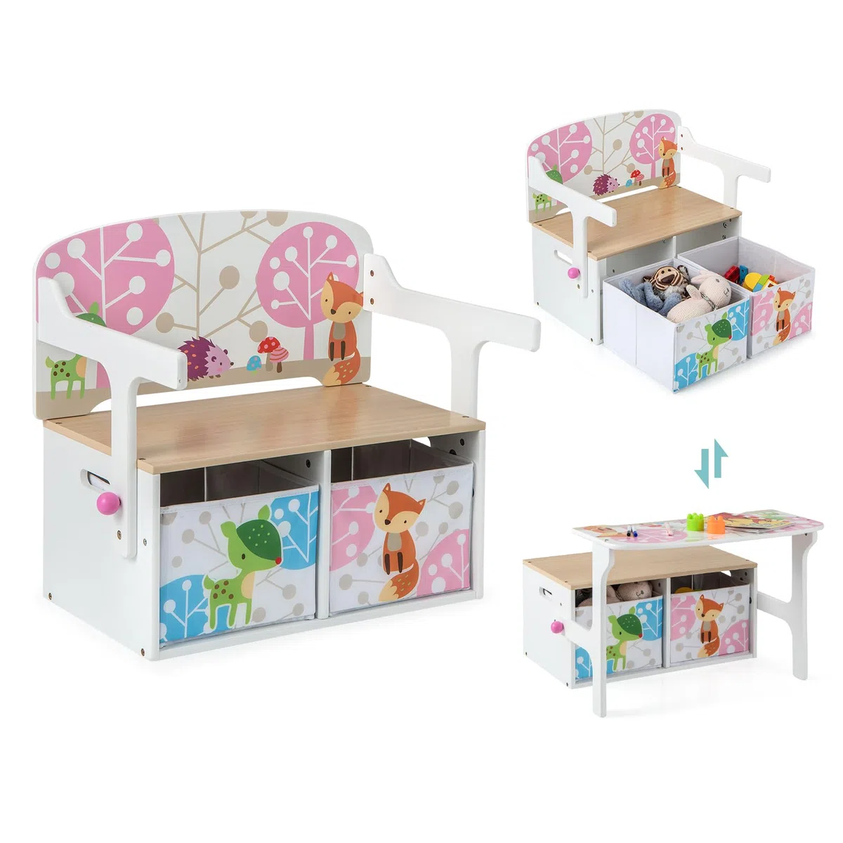 RELAX4LIFE 3 en 1 Baúl Juguetes Infantil de Madera, Juego de Mesa y Silla Infantil con Banco Convertible, Caja Almacenaje, Respaldo y Reposabrazos, Mesa y Sillas para Niños 3-7 Años (Rosa)