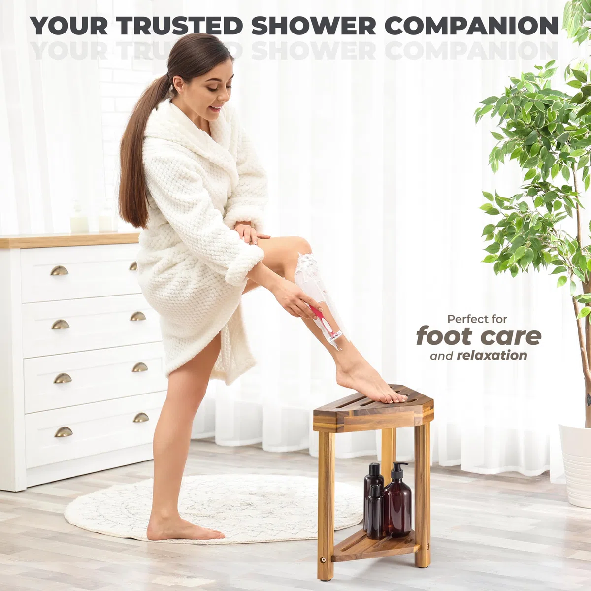 BLUEWEST Reposapiés de ducha, taburete de ducha de esquina, taburete de ducha de madera para afeitarse las piernas, reposapiés de ducha impermeable con estante de almacenamiento para pequeños espacios