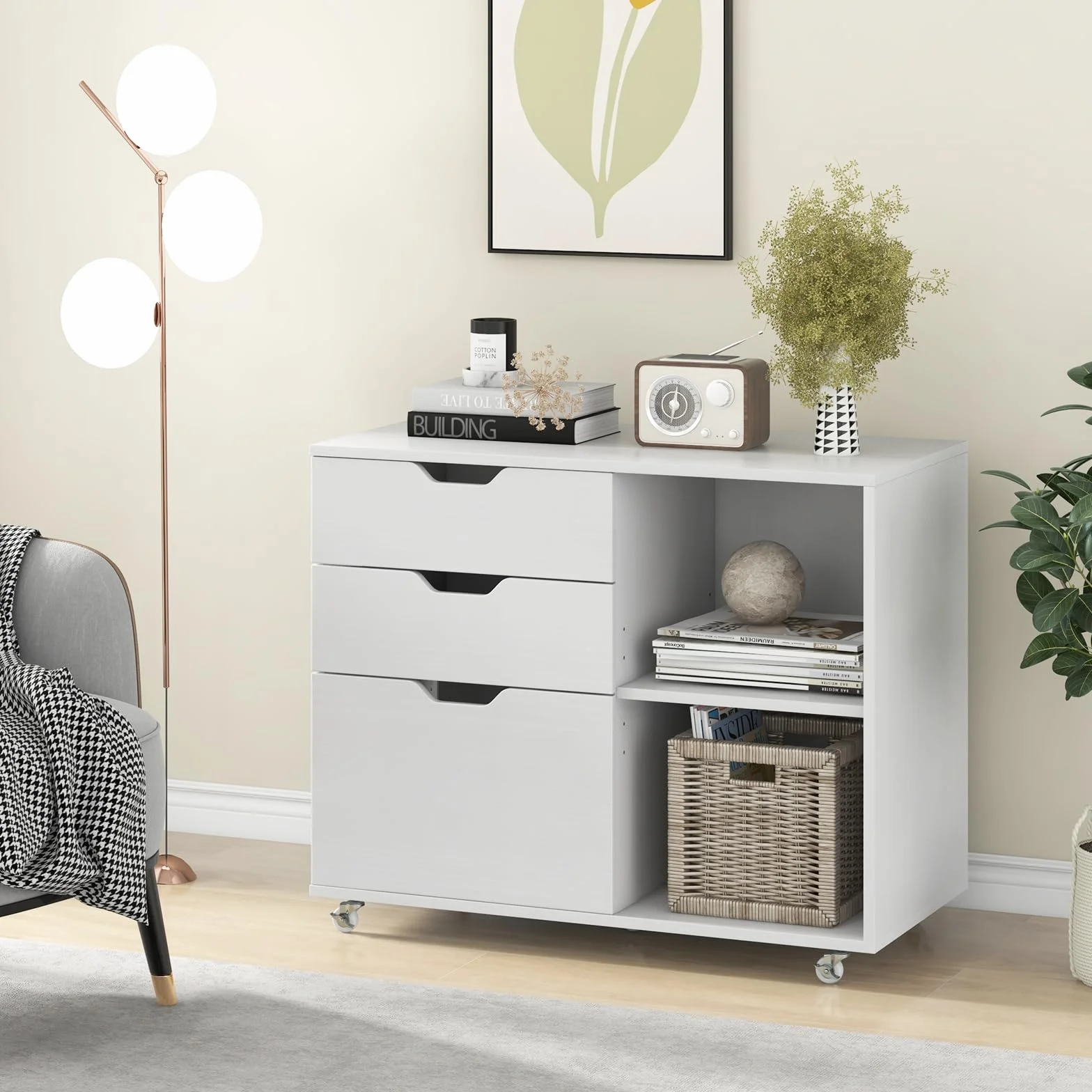 COSTWAY Cajonera con Ruedas, 3 Cajones, Cajoneras Escritorio con Estante Ajustable, Mueble Archivador Oficina, Carta, A4, Tamaño Legal, 81 x 40 x 66,5 cm (blanco)