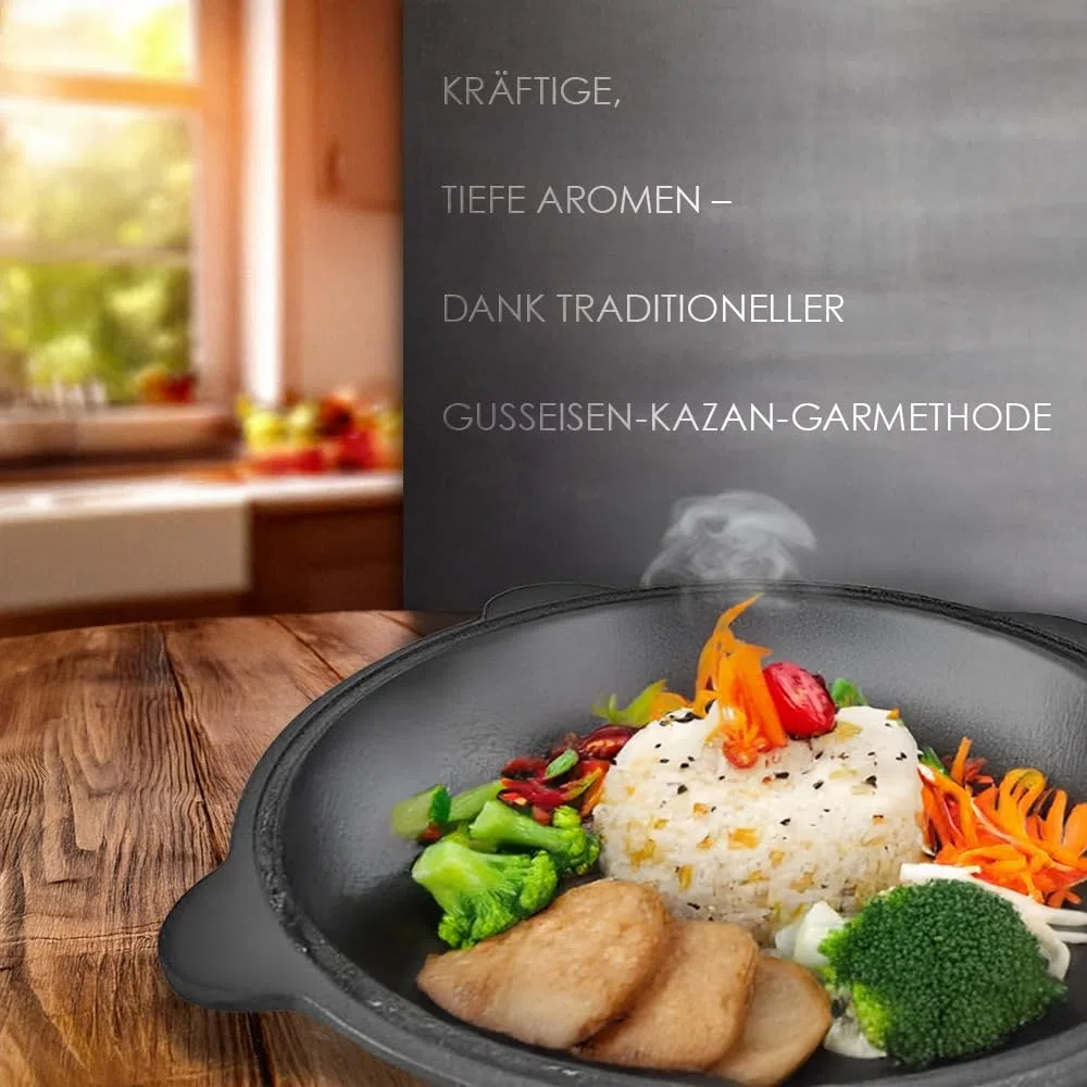 Kazan 12L de hierro fundido – Kazan uzbeko con tapa de aluminio y espumadera – Ø 48 cm – Ideal para Plov, Wok, horno de fuego y cocina al aire libre