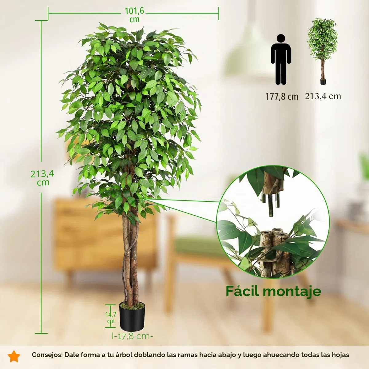 Planta Artificial Ficus 210cm Alta con Tres Varas de Madera Natural, Planta Artificial Grande con 1760 Hojas, Plantas Artificiales Interior Decorativas para Oficina Hogar DEC