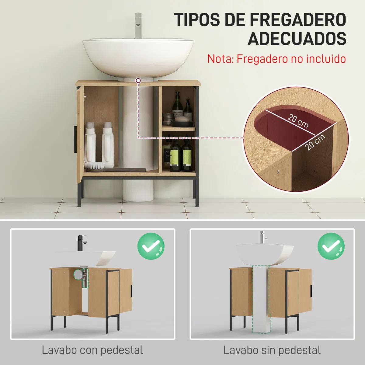 HOMCOM Mueble bajo Lavabo Mueble de Baño con Puerta y Estante Ajustable para Lavabo con Pedestal 60x30x59,5 cm Roble