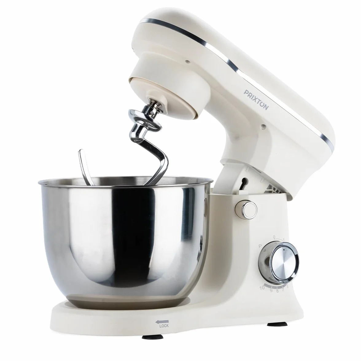 PRIXTON Batidora Amasadora KR250 para Repostería, Potencia 1500W, 10 Velocidades, Bol Acero Inoxidable de 5 litros, 3 accesorios, Tapa Transparente, Color Blanco Crema Mate (Reacondicionado)
