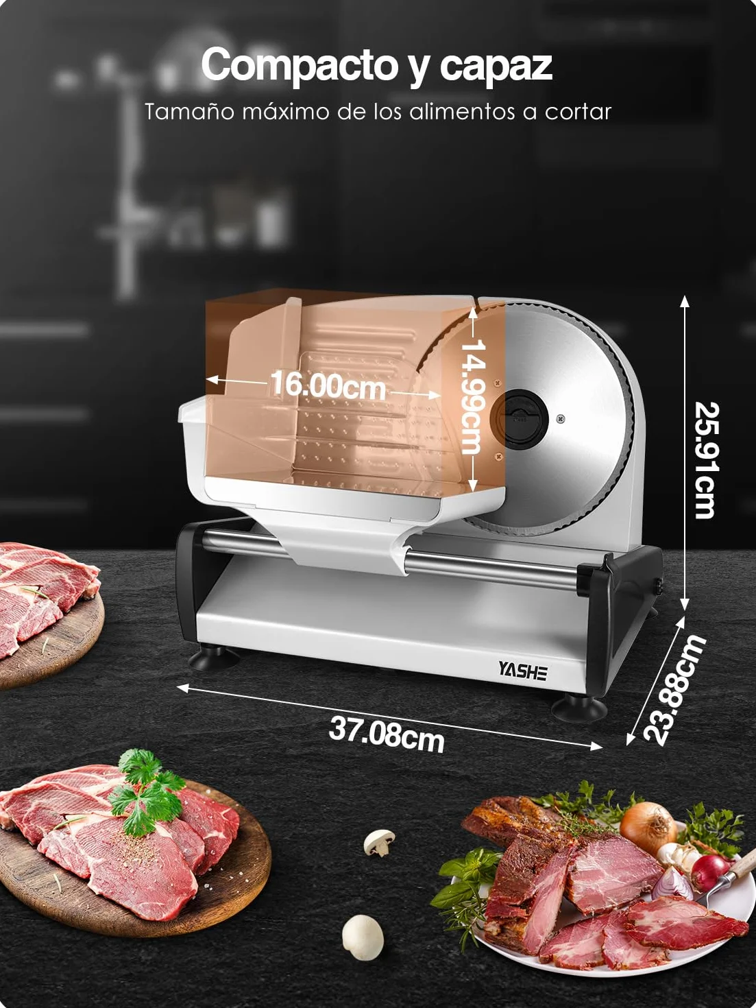 YASHE Cortadora De Fiambre, 150W Cortafiambres Para Carne Y Pan Con Cuchilla De Acero Inoxidable Removible 19cm, Grosor Ajustable 0–15mm, Bloqueo De Seguridad, Patas Ventosa Para Carne, Queso Y Pan