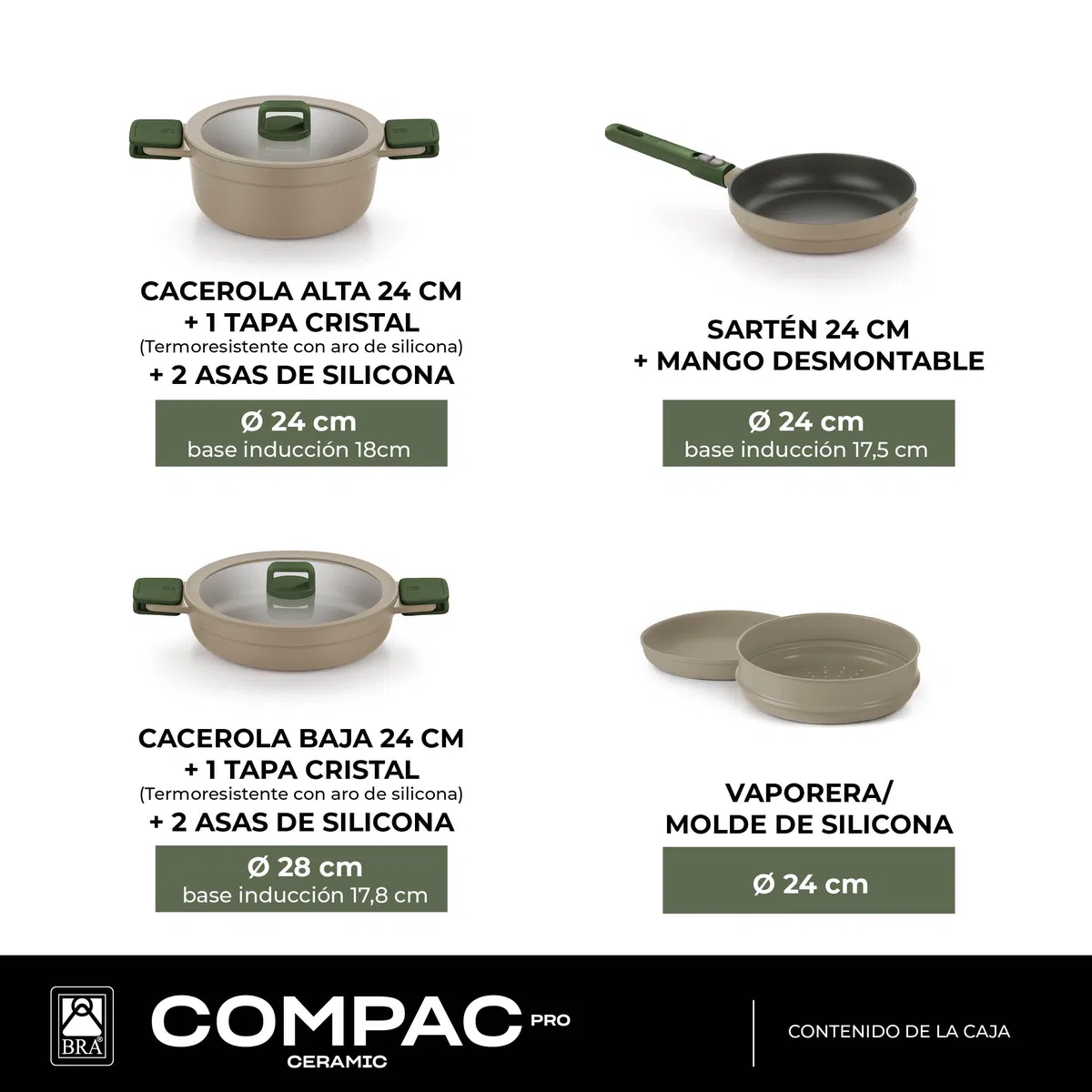 BRA Compac Pro Ceramic | Batería de cocina apilable de 5 piezas, aluminio fundido con antiadherente cerámico, compatible con todo tipo de cocinas, incluida inducción