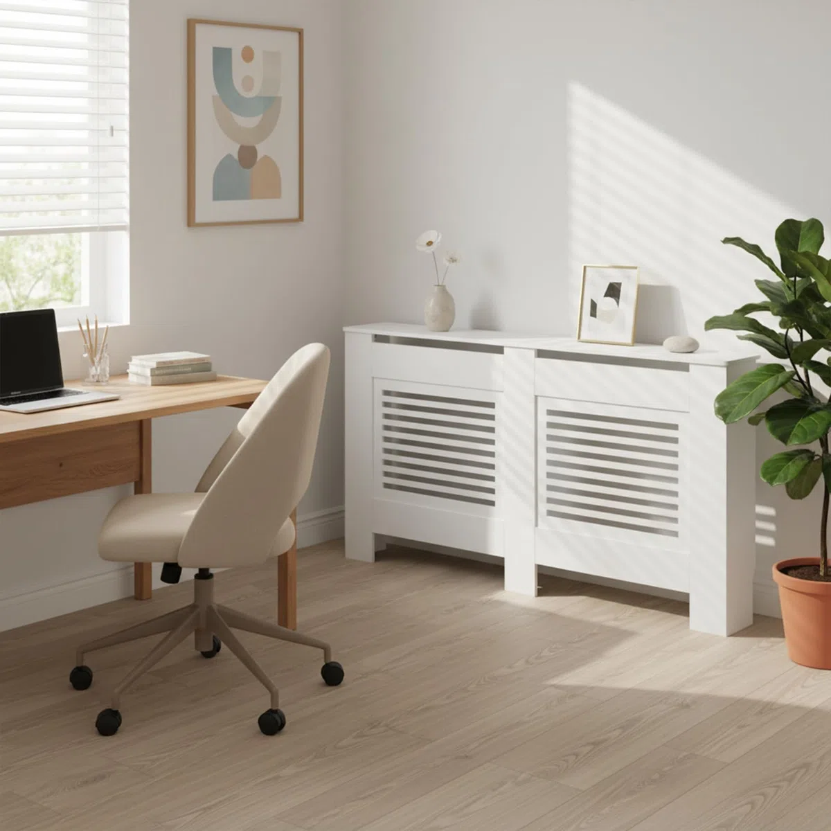 Buybyroom Buffets Altos, Cubierta Radiador, Cubierta Radiador Madera, Lattes Horizontales, para Salón, Dormitorio, Pasillo, 152 X 19 X 82 cm, MDF Blanco