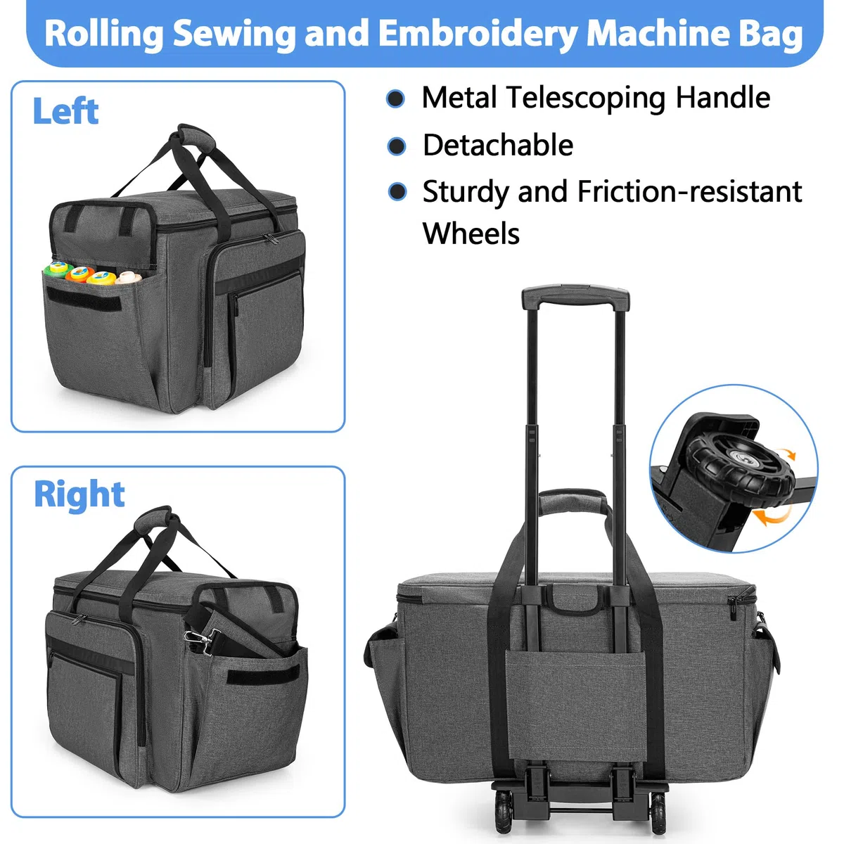CURMIO Maleta de Transporte con Ruedas para Máquina de Bordar, Bolsa para Maquina de Coser con Tabla de Soporte Inferior y Bolsillos para Accesorios de Costura, Gris