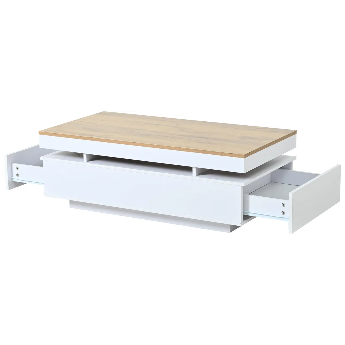 SACOOL 100 x 50 x 35 cm Mesa de centro con 2 cajones, mesa auxiliar LED de alto brillo, mesa de té, mesa de sofá, mesa de salón, mesa de café, color blanco + tono de madera, blanco, madera