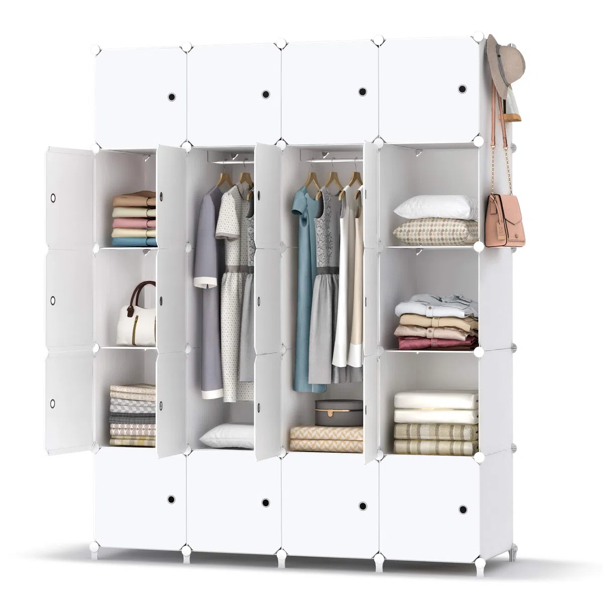 HOMIDEC Armario Modular, Guardarropa portátil de 20 Compartimentos para Dormitorio, Armario con Barra para Colgar Ropa, Compartimentos más Profundos Aptos para Perchas