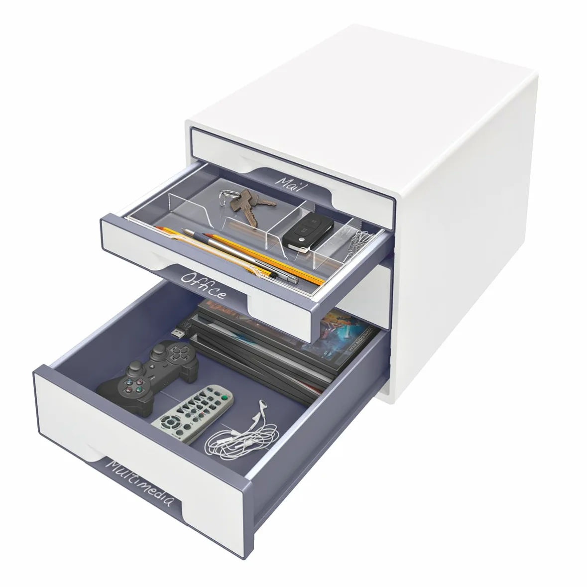 Leitz Buc de 4 Cajones A4 con Rotulador y Bandeja Transparente, Organizador, Gama WOW, Blanco/Gris