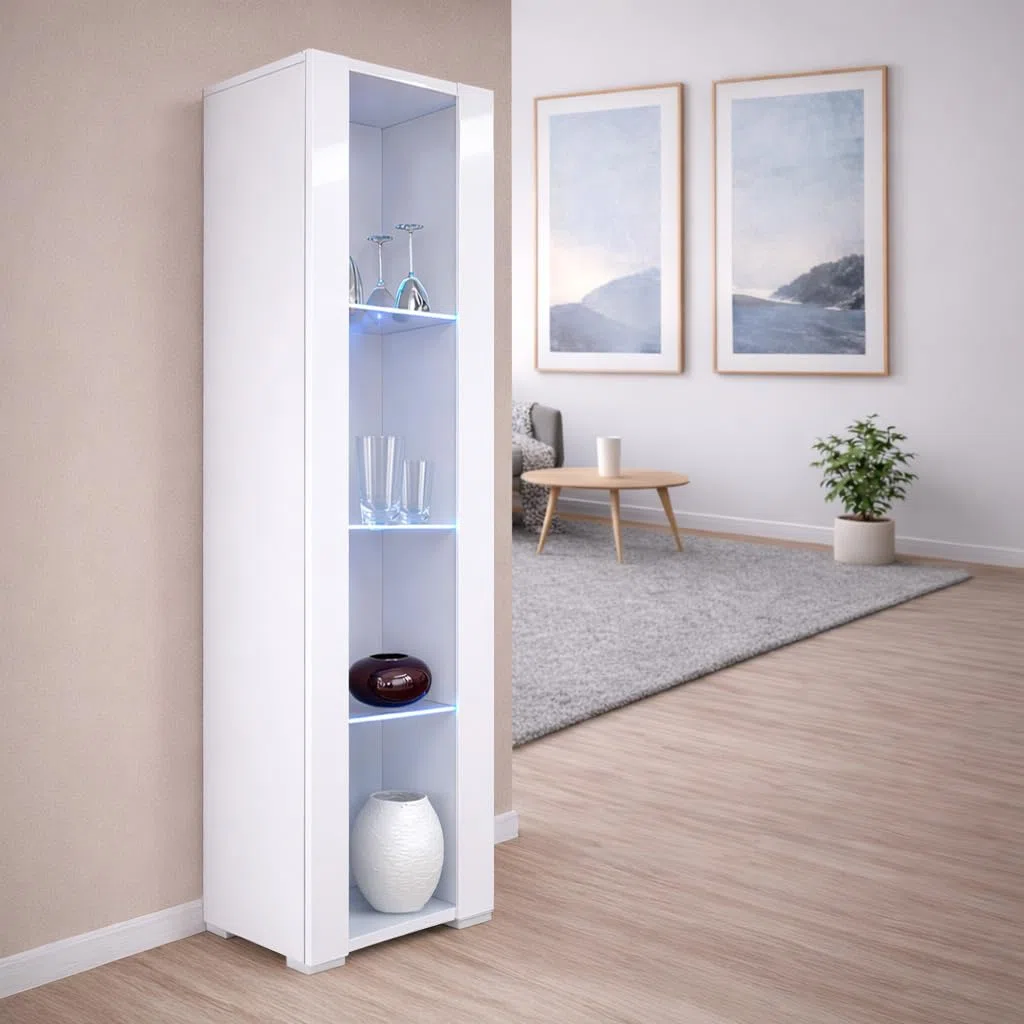 MB Muebles Bonitos Vitrina de Salón Moderna Tipo Columna con Iluminación LED Azul, Estantería Estrecha de 4 Compartimentos, Acabado Blanco Brillo, 172x40x29 cm, Modelo Nora V5
