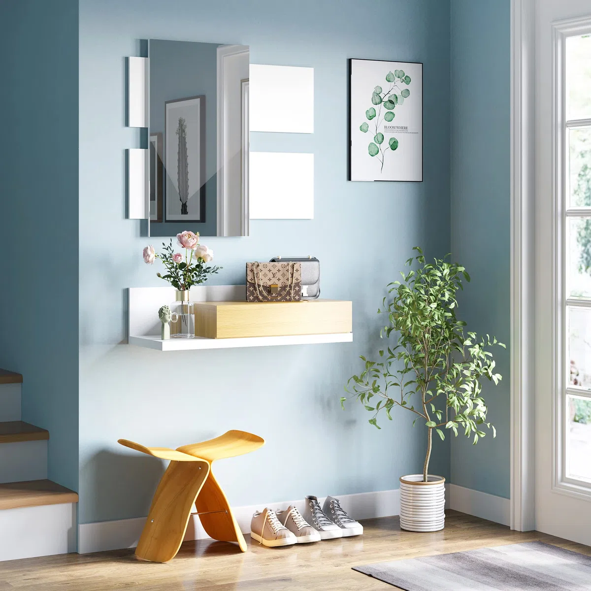 HOMCOM Juego de Muebles de Entrada Recibidor con Espejo y Cajón Estilo Moderno Recibidor Colgante para Pasillo 75x4x70 cm y 75x29x20 cm Blanco