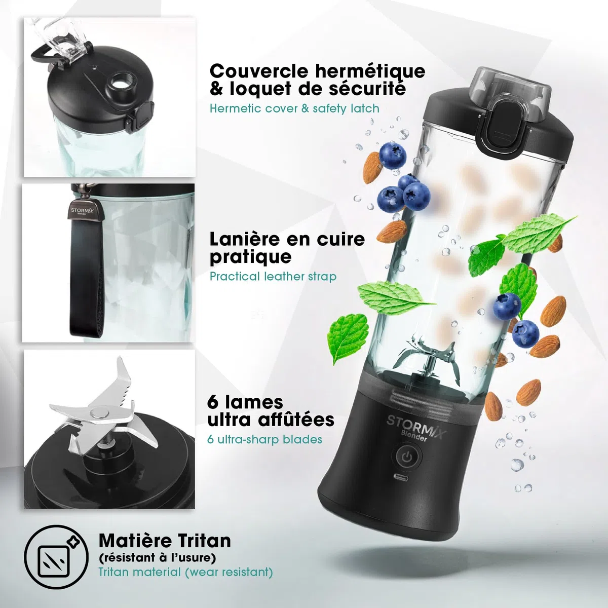 STORMIX - Batidora portátil y bolsa isotérmica - Batidora potente 150 W - 6 cuchillas de acero inoxidable - batidos, cocteleras, hielo picado - USB-C recargable - funda termoaislante - fácil