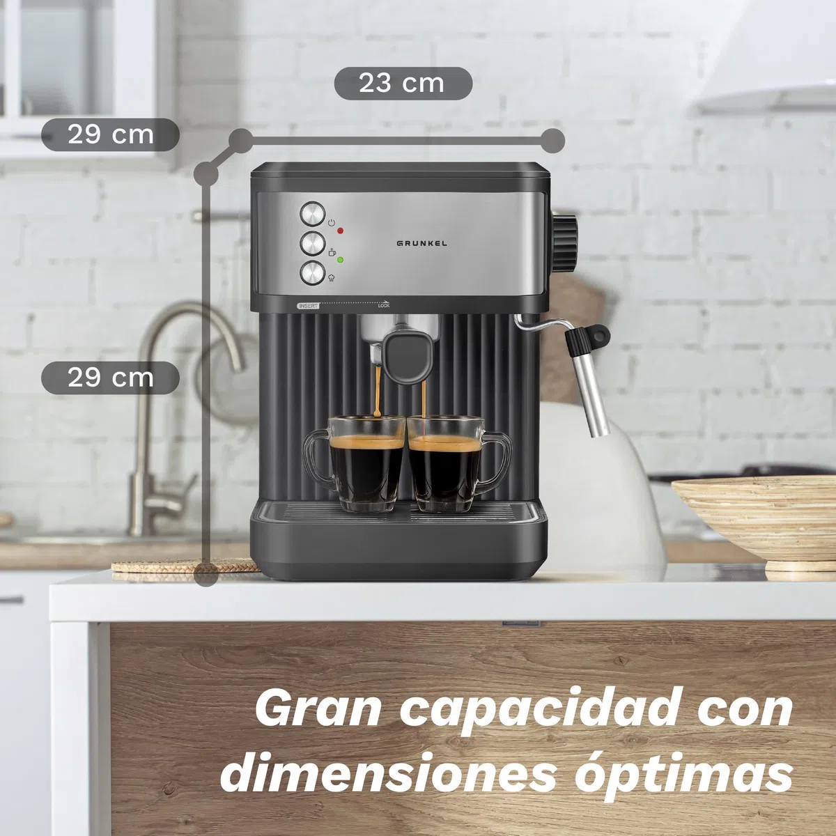 Grunkel Cafetera Espresso de 20 Bares, 850W, Panel Táctil/analogico con vaporizador orientable y brazo doble salida Depósito 1,8L (Analógica)