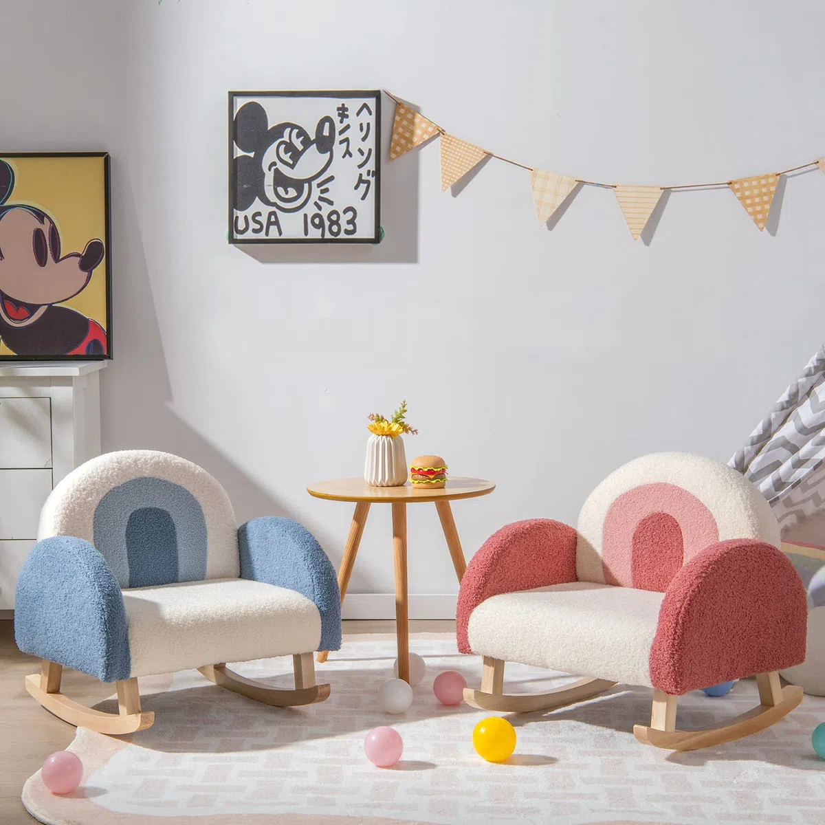 COSTWAY Silla Mecedora Infantil, Sillón Moderno con Patas de Madera de Álamo para Niños de 3 a 5 Años, Antivuelco, Bonito Sofá Individual Tapizado para Guardería, Sala de Juegos (Rojo)