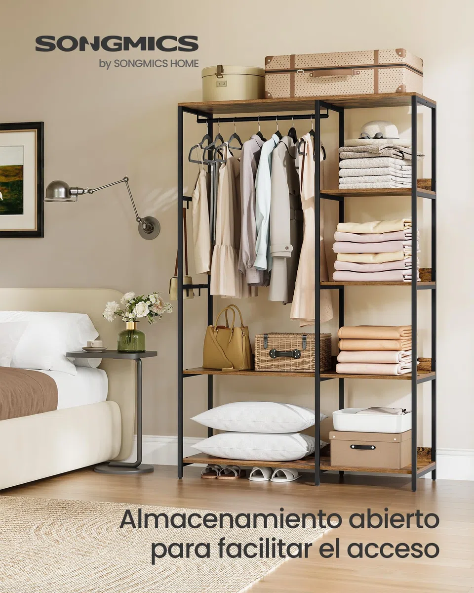 SONGMICS Guardaroba, Stand Appendiabiti, Armadio Aperto con Aste per Appendere, Ripiani Portaoggetti, Ganci Rimovibili, 98 x 40 x 181 cm, Marrone Vintage RGR024B01