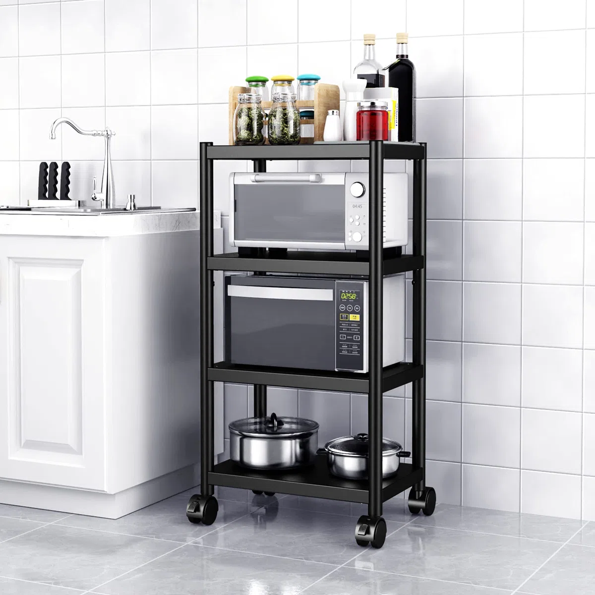 WPT Estante de Almacenamiento de Cocina Baker's Rack utilitario para microondas con Ruedas, Organizador Ajustable de 4 Niveles, Acero Inoxidable