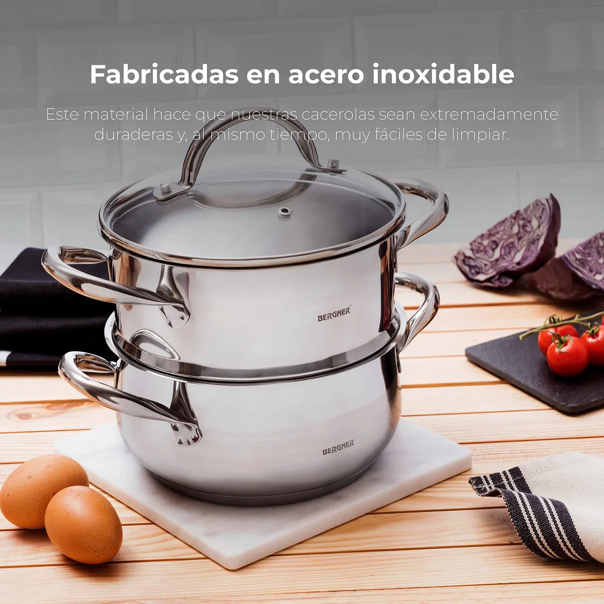 BERGNER Gourmet | Cacerola de Cocina Con Hervidor | Cazuela con Tapa, Hervidor y Capacidad de 2,2L | Acero Inoxidable | Muy Resistente, Fácil de Limpiar y Para Todo Tipo de Cocinas