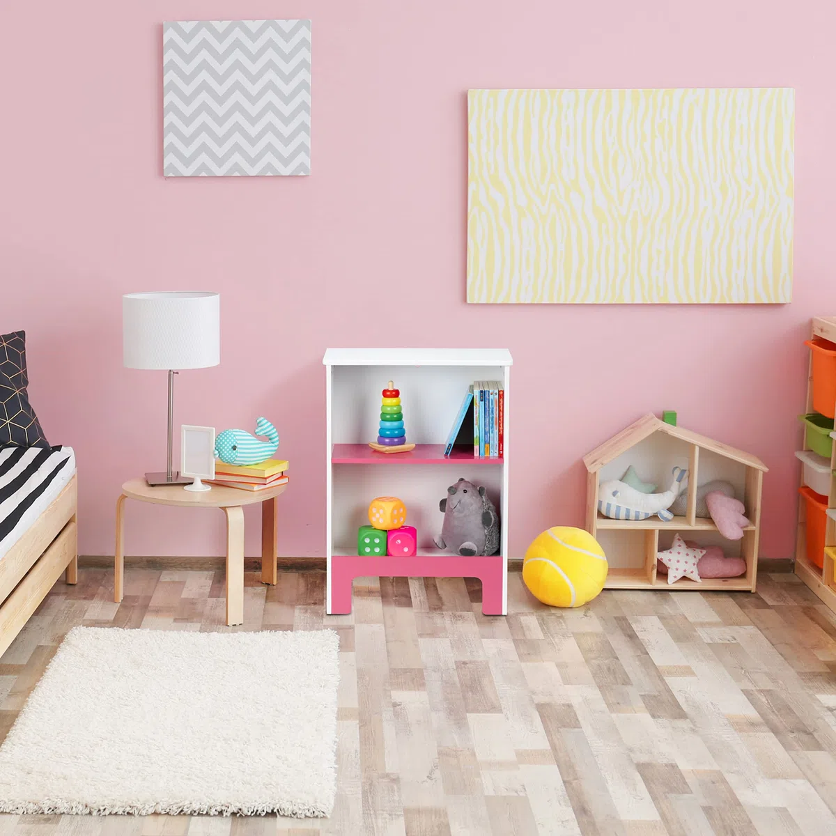 Relaxdays Estantería Infantil 2 Baldas, 66x48x24cm, Organizador Libros y Juguetes, Librería Niños y Niñas, Blanco y Rosa