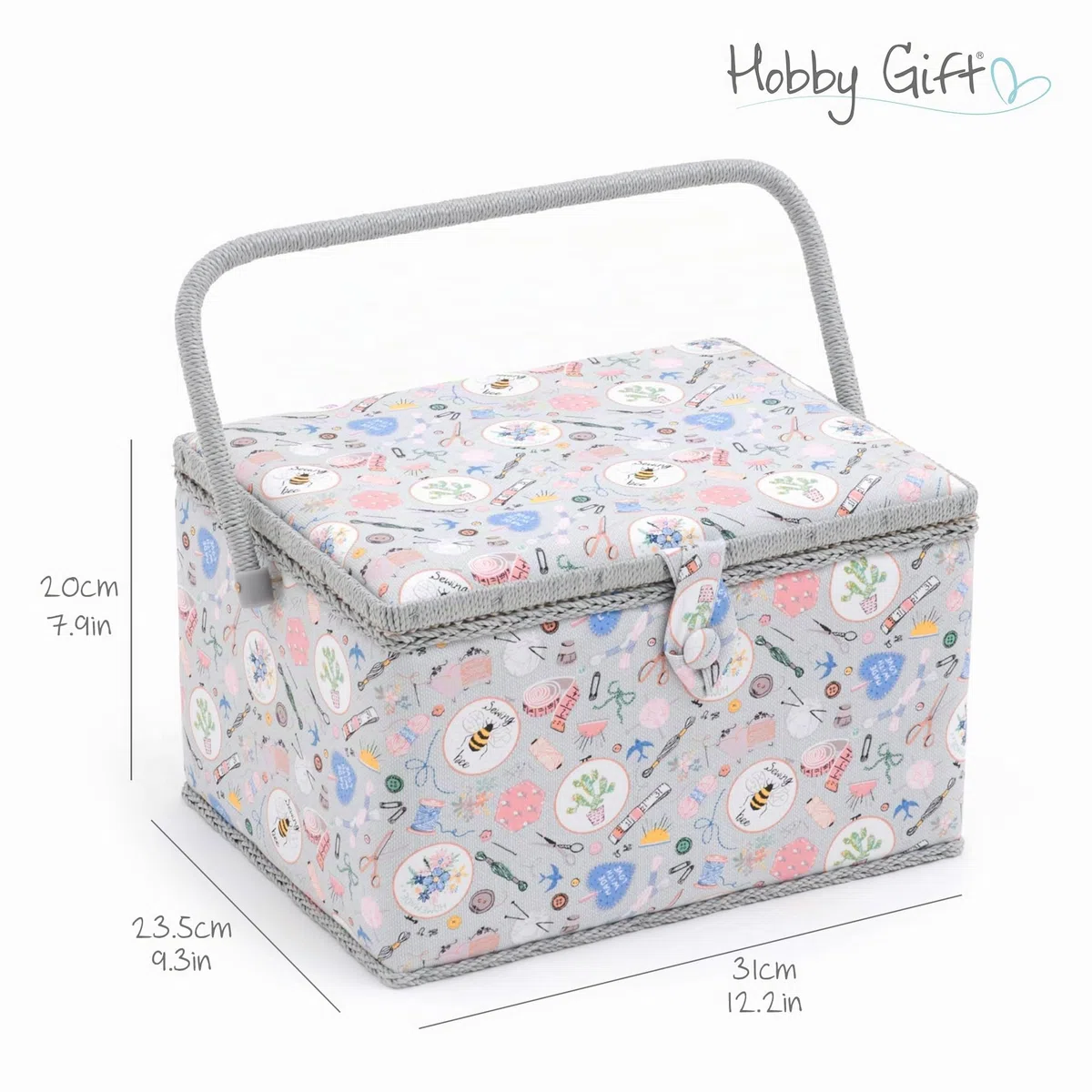 Hobby Gift Caja de Costura Grande con Asa, Cesta de Algodón para Almacenaje de Costura, Organizador con Compartimentos, 23,5 x 31 x 20 cm, Hecho en casa