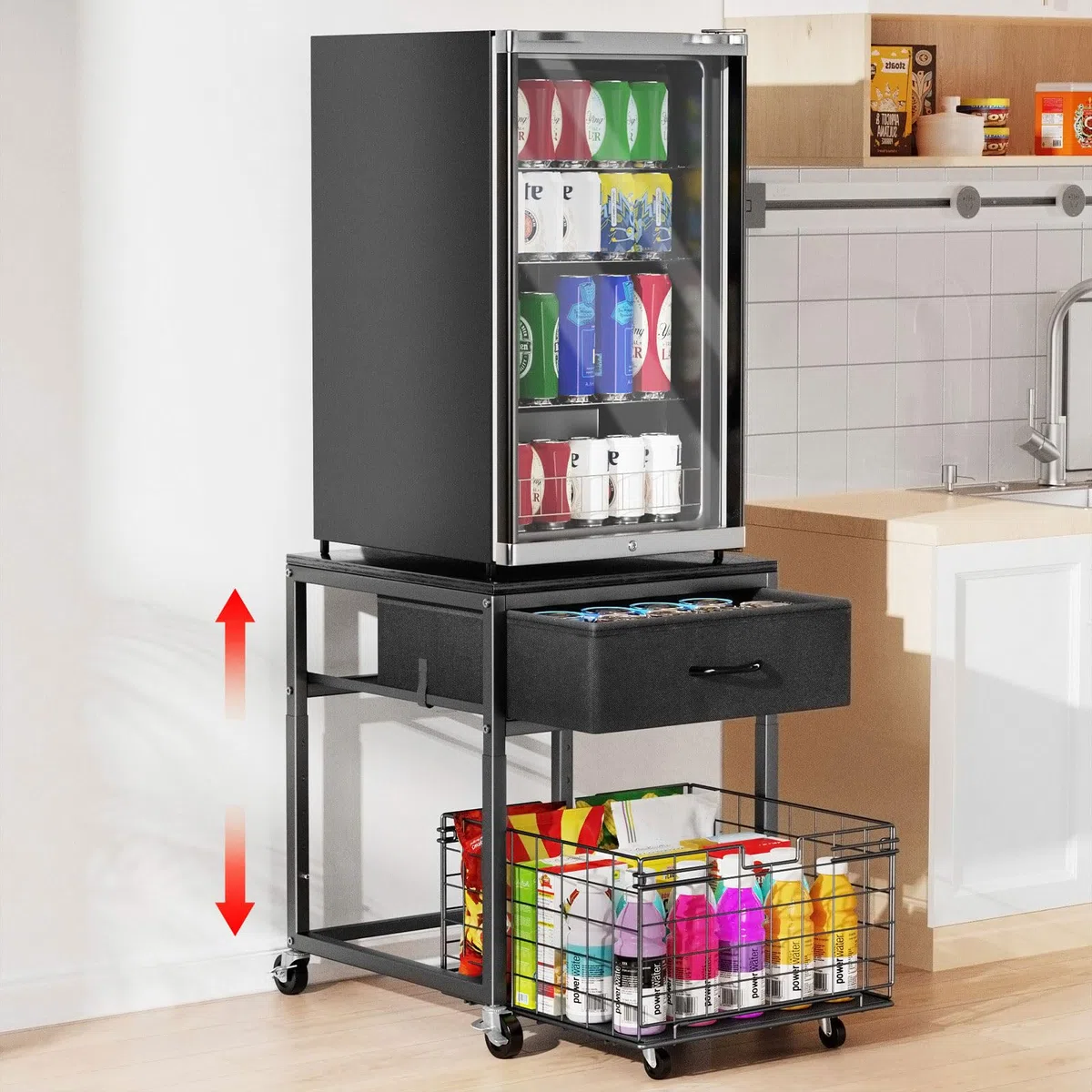 Housolution Soporte para Mini Nevera con Almacenamiento, Estante para Mini Nevera Regulable en Altura con Ruedas, Organizador Portátil para Nevera con Cajón para Hogar, Oficina, Negro