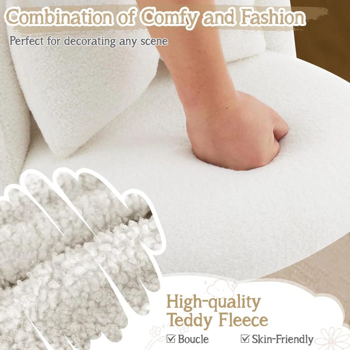 Bonnlo Silla de Maquillaje, Silla Tocador, Sillas de Comedor, Patas Doradas Ajustables y cojín con Lazo para Dormitorio, Sillón Salón para Tocador u Oficina en Casa (Tejido Teddy, Blanco)