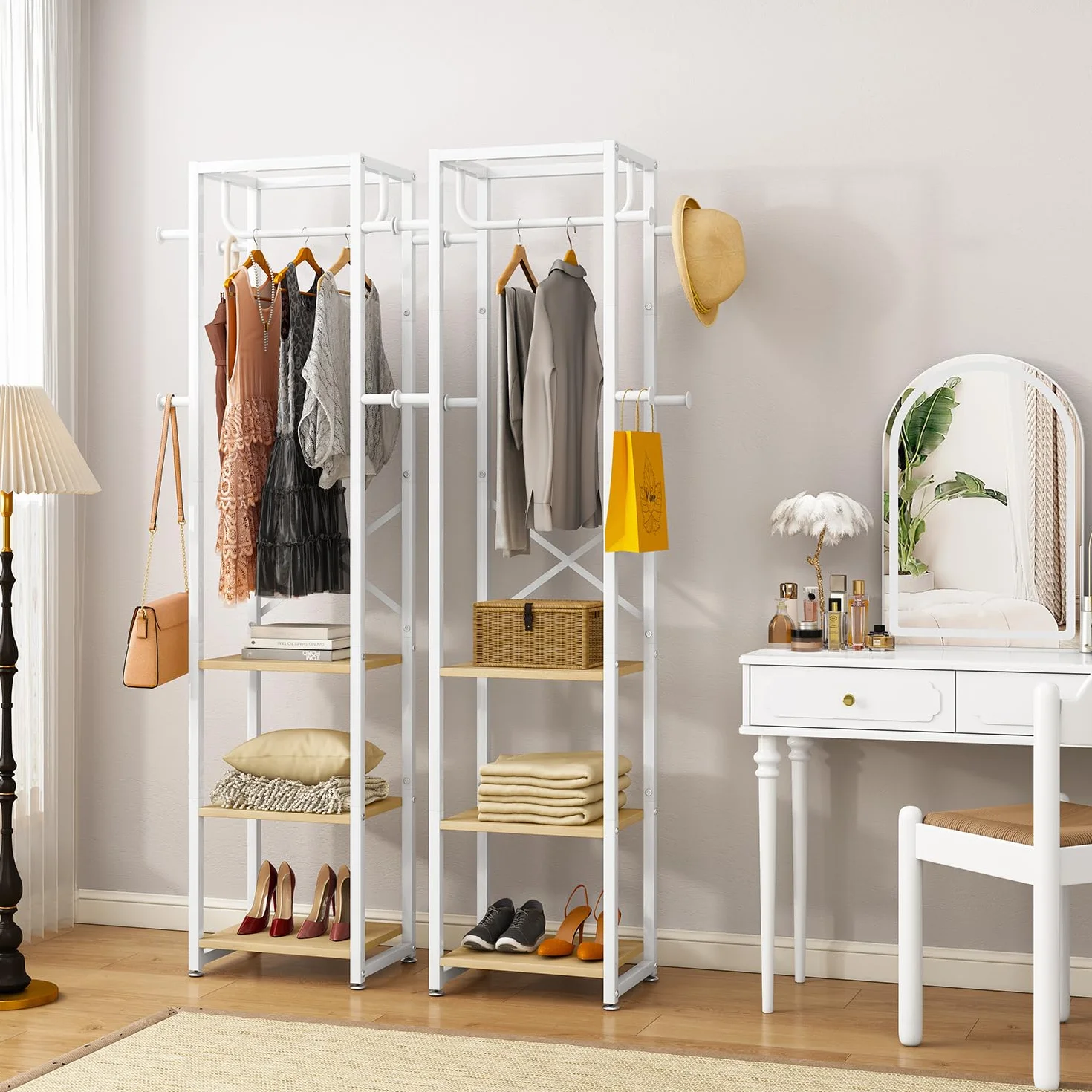 IBUYKE Perchero, Perchero independiente con 3 estantes y 8 ganchos, Perchero industrial de ropa para entrada, pasillo, dormitorio, 180 x 40 x 30 cm, color natural y blanco TMJ088R