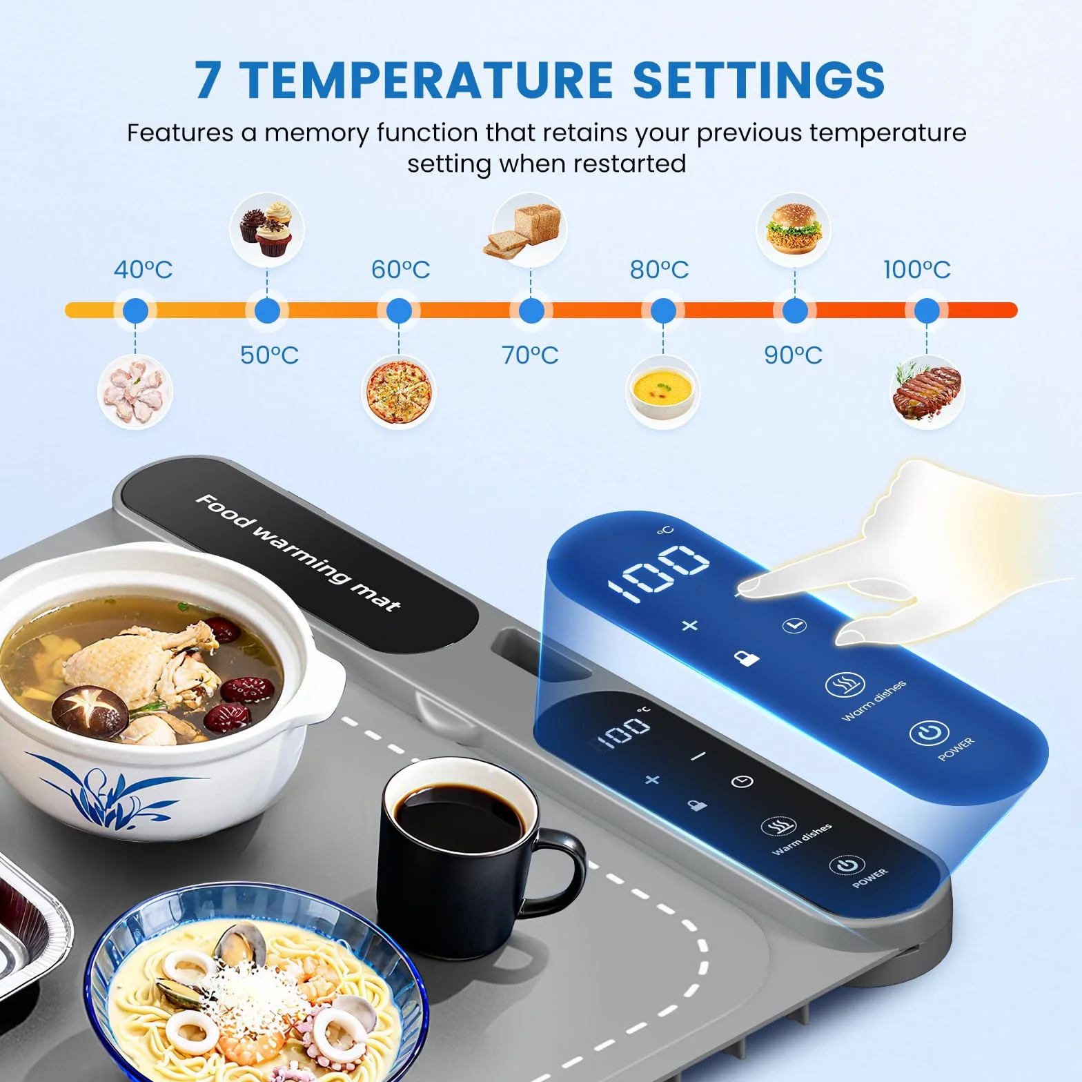 Almohadilla de calor para estera calefactora de 10 segundos, temporizador de 7 horas, bandeja de calor eléctrica de silicona para encimera, fácil de limpiar para barbacoa, camping (gris)