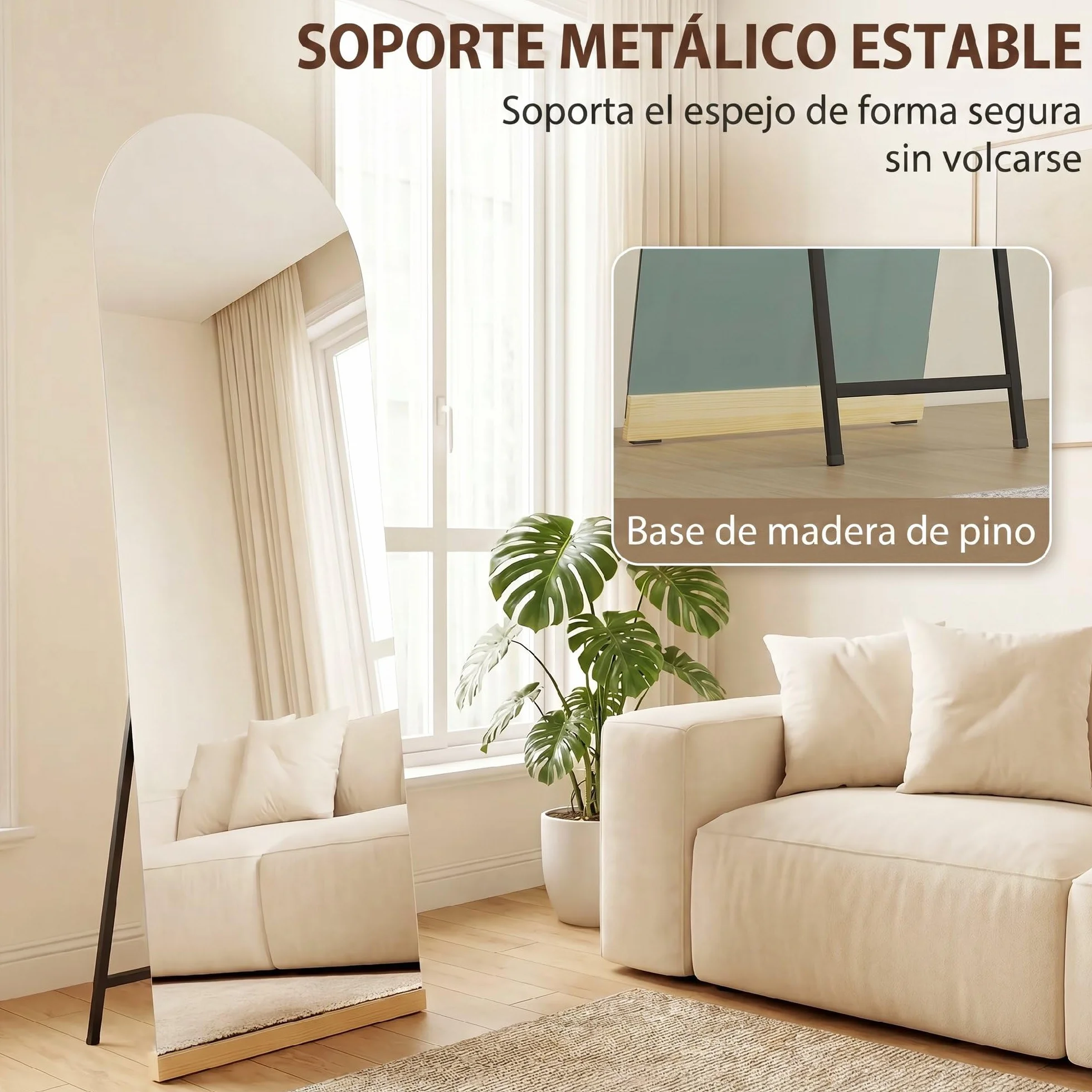 HOMCOM Espejo de Cuerpo Entero Curvado 160x50 cm, Espejo de Pie, sin Marco, Base de Madera, para Salón, Dormitorio, Pasillo, Entrada