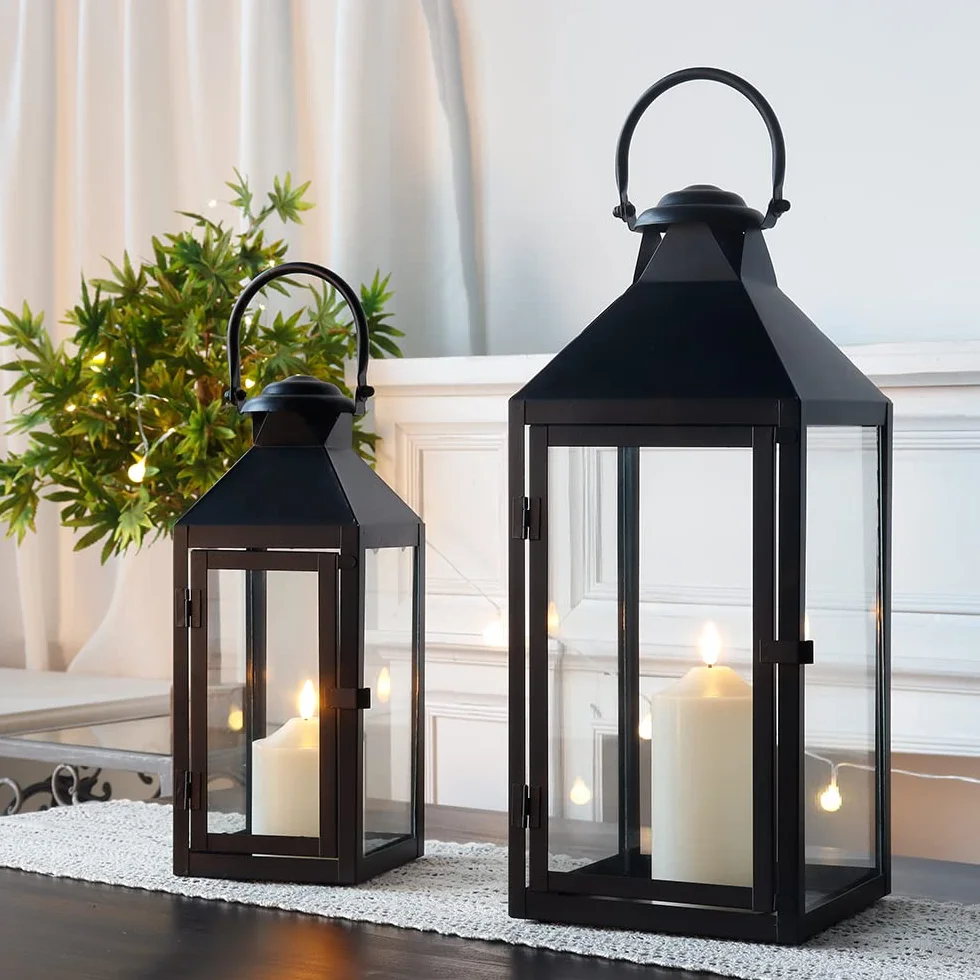 JHY DESIGN Set de 2 faroles Decorativos, 44,5 cm y 24 cm de Altura, faroles Grandes para Exteriores, Vela, Farol Colgante Vintage para Interiores, Eventos, Bodas (Negro)