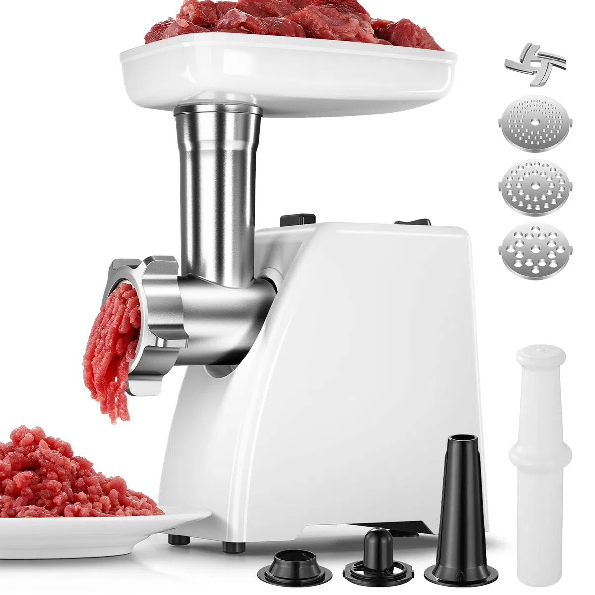 AMZCHEF Picadora de Carne Eléctrica para el Hogar - con 3 Placas, Rellenador de Salchichas & Kit Kubbe | Ideal para Carne Picada, Salchichas & Cocina Doméstica