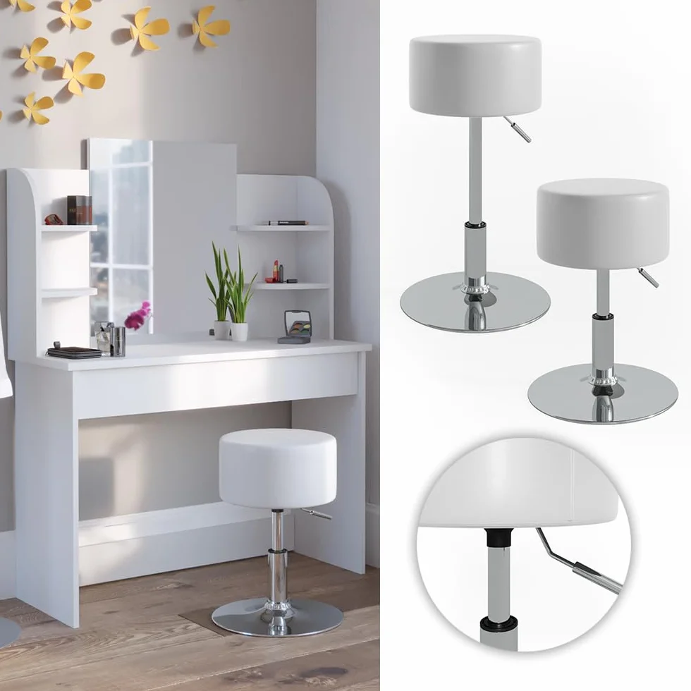 Vicco Taburete Design, Blanco, 33.5 x 67 cm para tocador, Ajustable en Altura con tapizado de Cuero sintético Resistente