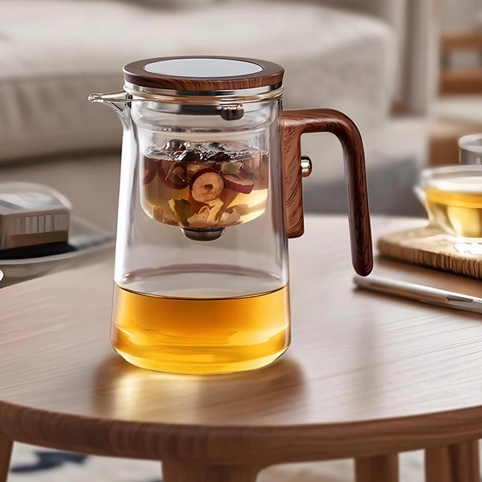 Tetera de cristal para separación de agua con filtro y mango de madera - Tetera mágica, diseño innovador para disfrutar del té uniformemente, tetera transparente con infusor
