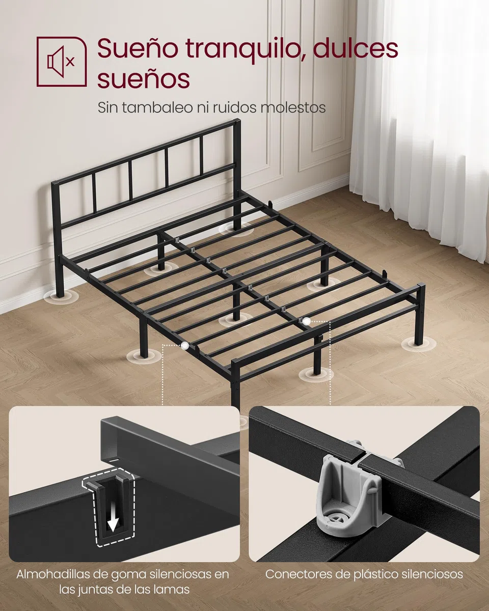 VASAGLE Cama de Matrimonio, 135 x 190 cm, Cabecero, Marco de Metal, Carga de 500 kg, Montaje Fácil, para Dormitorio, Negro Tinta RMB296B101