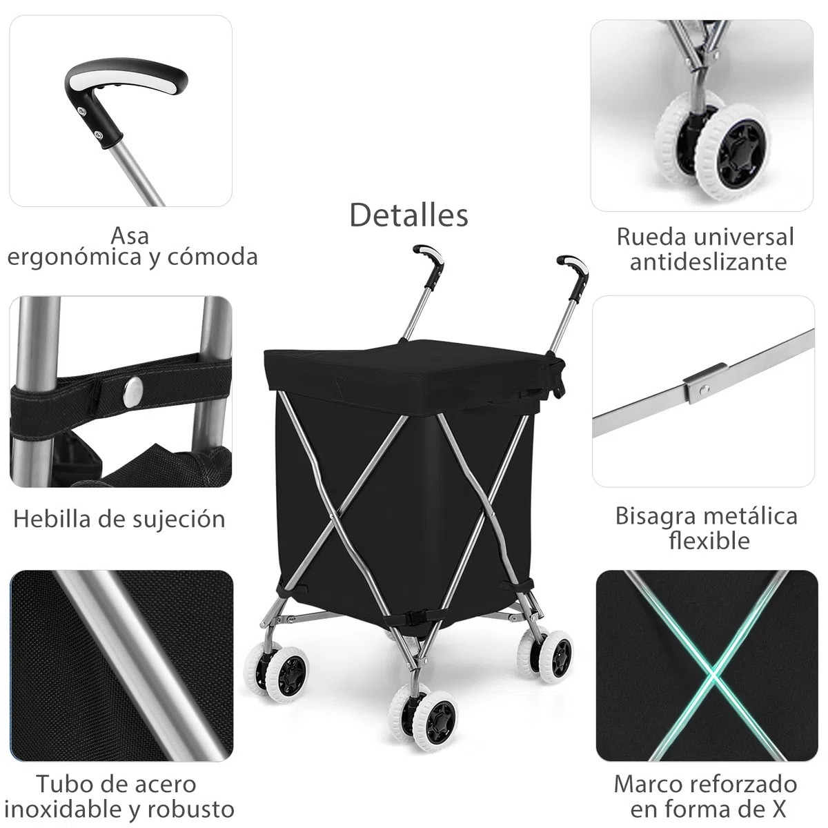 SOARS Carro de la Compra de Tela Oxford 90 L, Carro Compra 4 Ruedas Flexibles, Forro Extraíble e Impermeable, Carretilla Plegable para Supermercados, Ferias y Puestos de Venta (Negro)