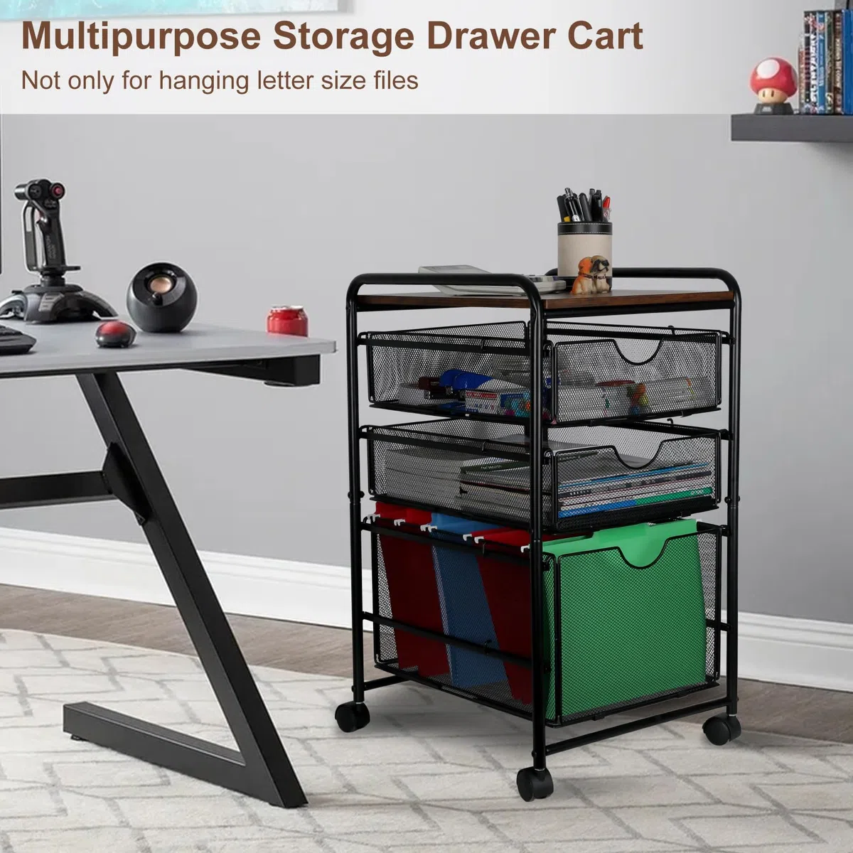 EasyPAG Carrito de archivos rodante con ruedas con 2 cajones de almacenamiento extraíbles y 1 organizador de carpetas colgantes tamaño carta, color negro
