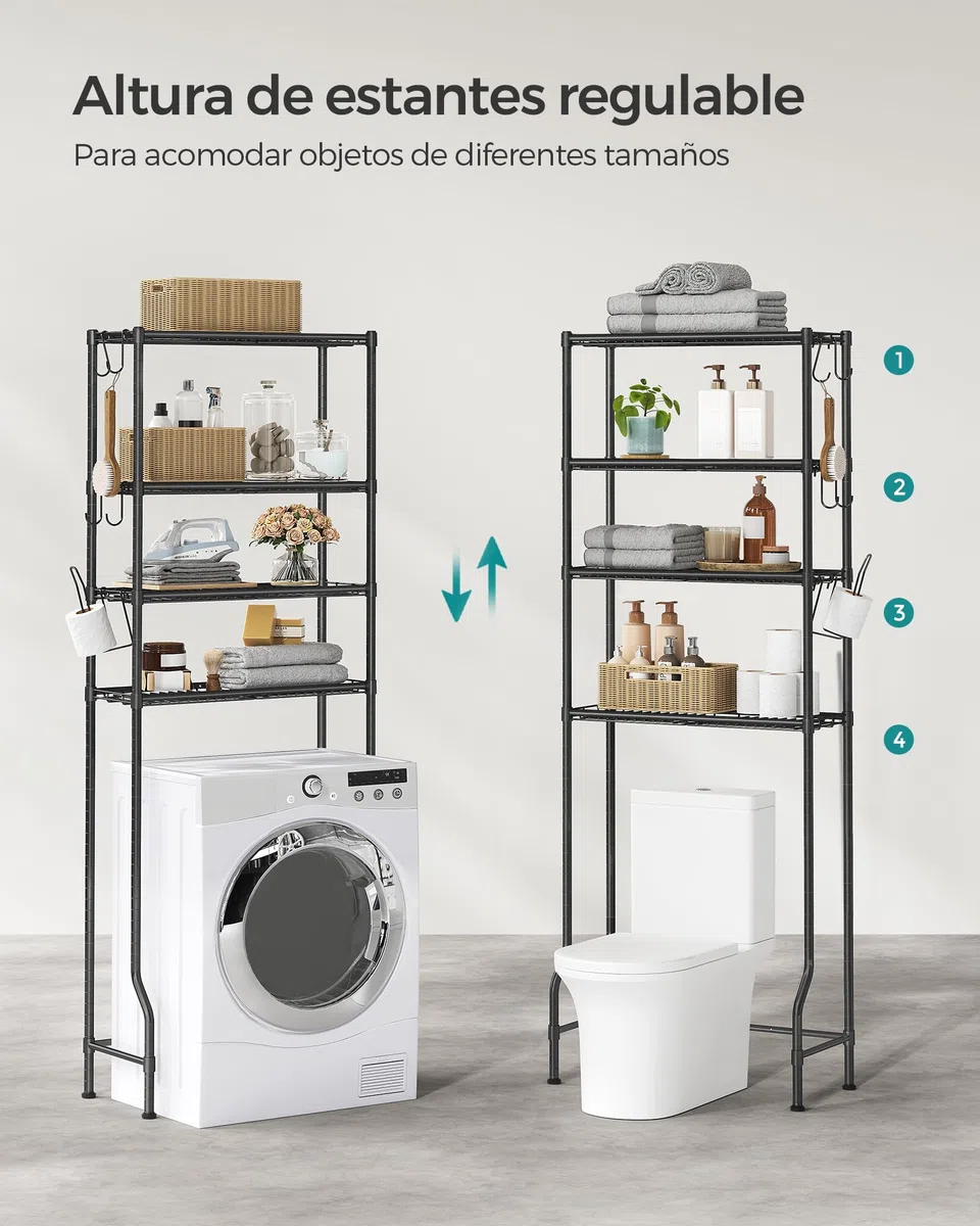 SONGMICS Estantería de Inodoro de 4 Estantes, Estante de Metal para el Baño, Estantes Ajustables, con 4 Ganchos y Portarrollos, Ahorra Espacio, 30 x 63 x 176 cm, Negro BTS013B01