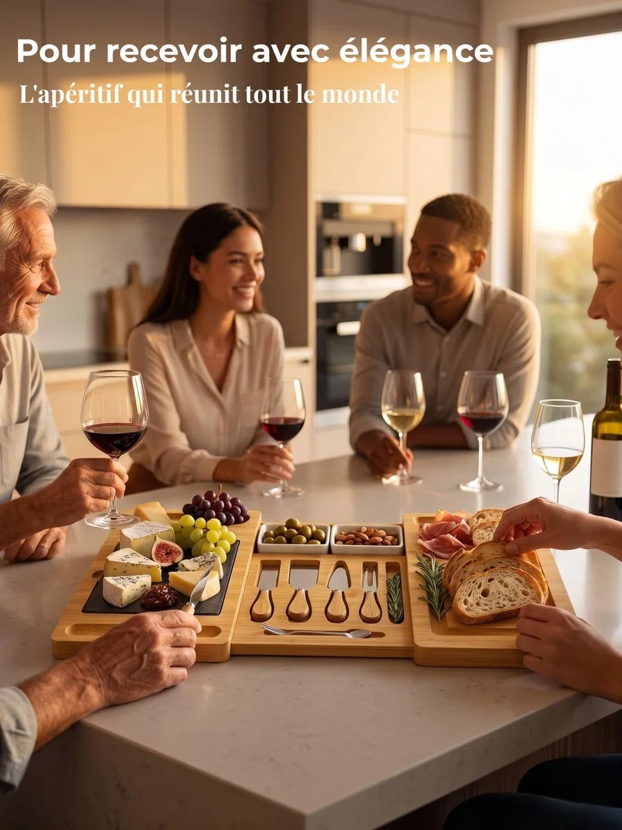 Kkalyan - Tabla de Aperitivos Extensible de Bambú | Set Quesos con Pizarra, 4 Cuchillos, Sacacorchos, 2 Cuencos y ebook Gratis | 41,5 cm → 68 cm | Regalo Gourmet