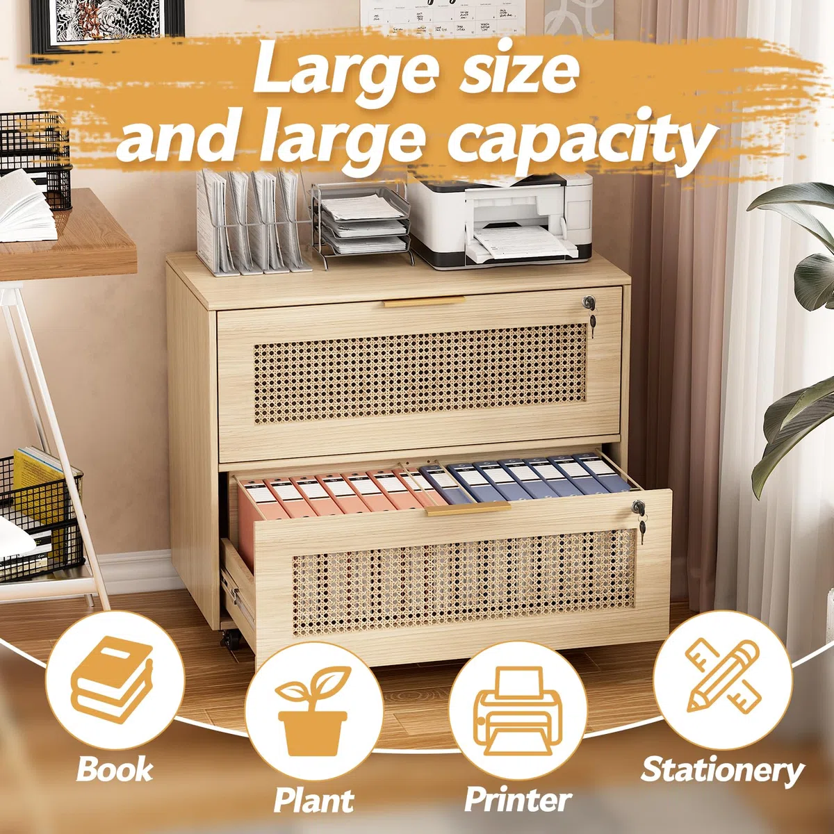 MSFE Mueble Archivador con 2 Cajones para Documentos Archivador Móvil para Archivos A4/B5/F4 Cajoneras Escritorio con Estante Ajustable Armario Archivador Móvil con 4 Ruedas para Oficina 79x40x67.5CM