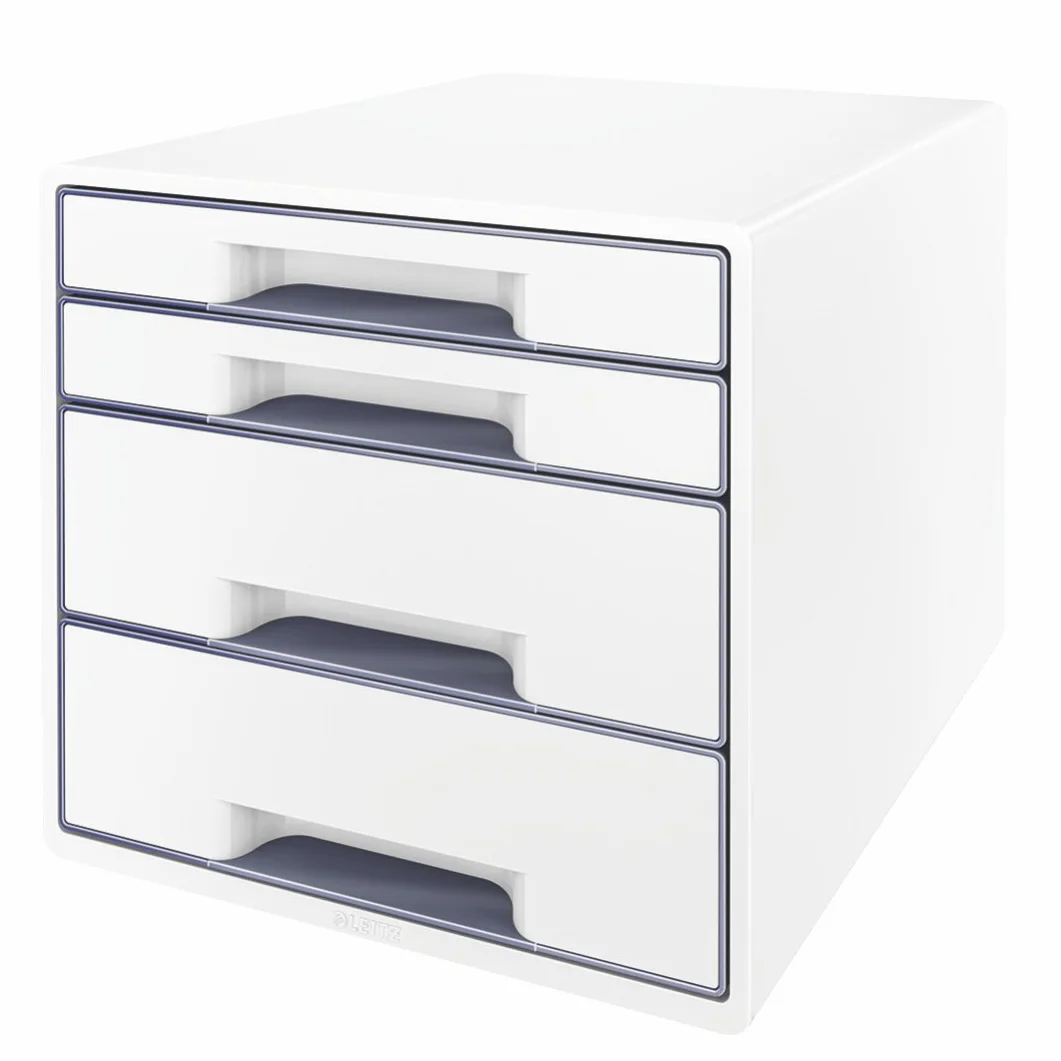 Leitz Buc de 4 Cajones A4 con Rotulador y Bandeja Transparente, Organizador, Gama WOW, Blanco/Gris