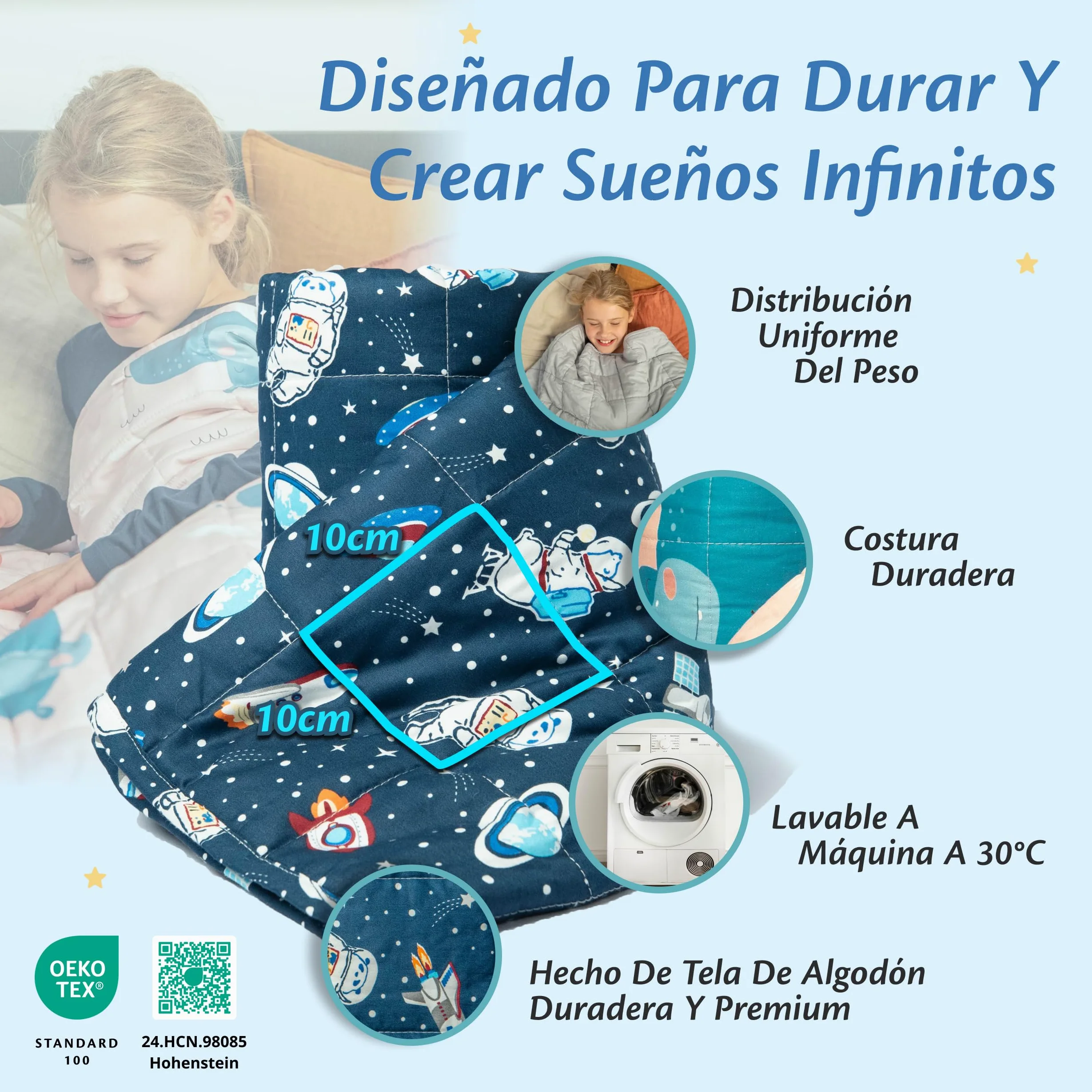 Ella Manta Pesada para Niños 2,4 kg 90x120 cm – Manta Terapéutica, para Reducción de Estrés y Ansiedad, Perlas de Vidrio Hipoalergénicas, Capa Exterior de Algodón Suave y Refrescante, para Niños de 15