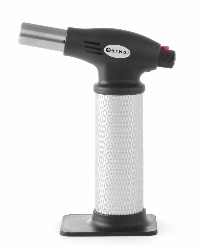 HENDI Antorcha de cocina, soplete de cocina, soplete flambeador, mechero del Chef, de gas butano, recargable (se suministra vacío), con encendido automático, con base, 145x(H)190mm, negro y platado